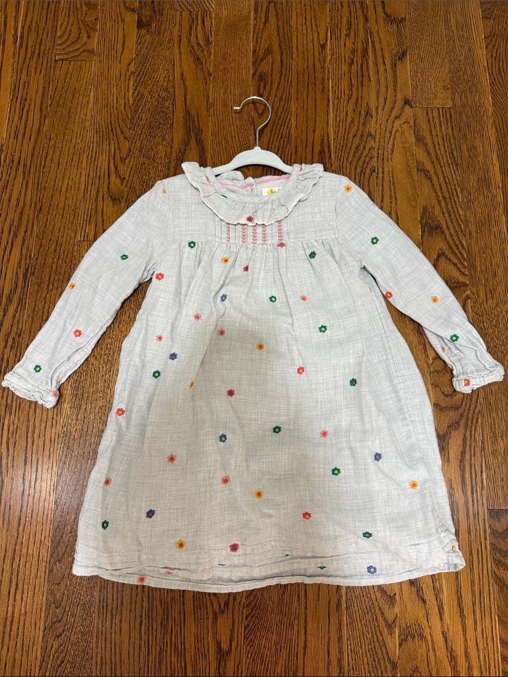 Baby Boden White Cotton Dress with Colorful Embroidered Flowers
